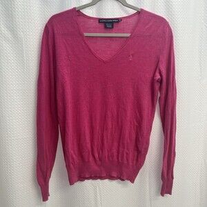 Ralph Lauren Sport Pink Linen Blend V Neck Sweater Golf Tennis Medium Pony